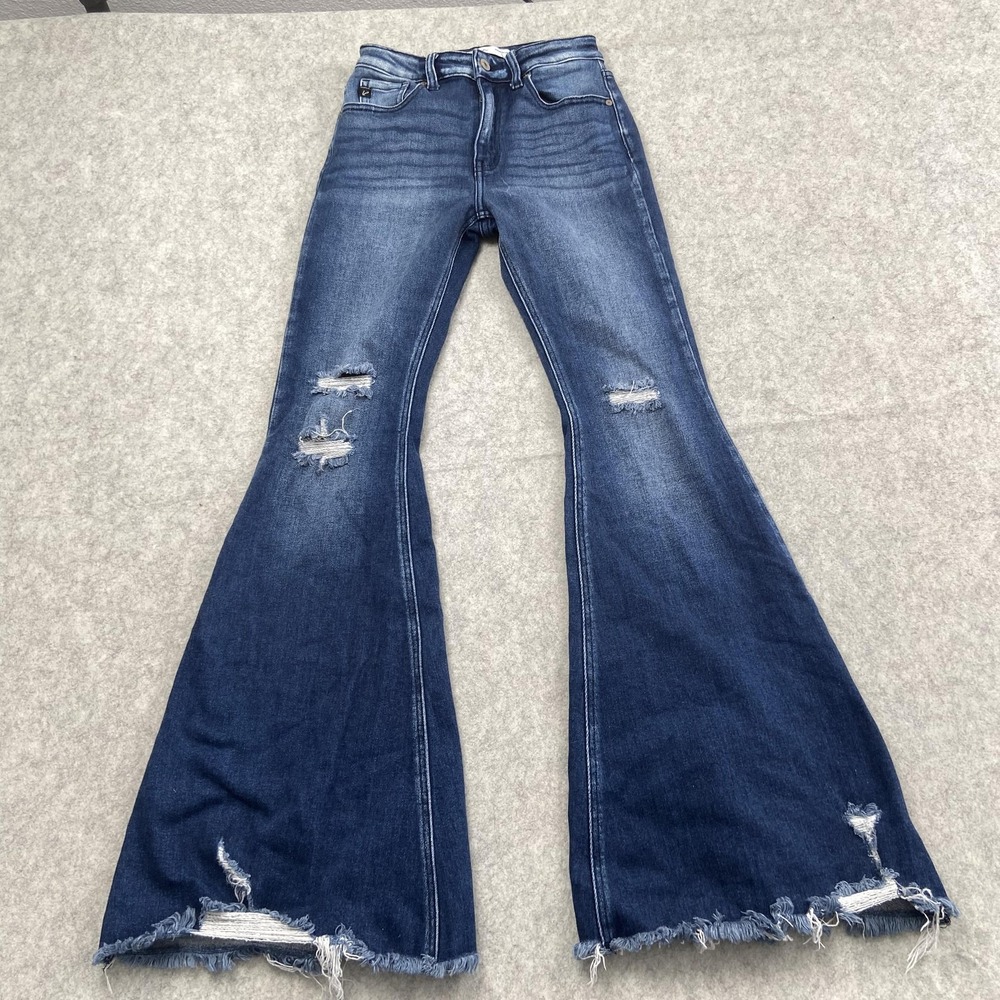 KanCan Flare Jeans Womens 25 (24x31) Blue Med Wash Distressed Fringe Hem Stretch